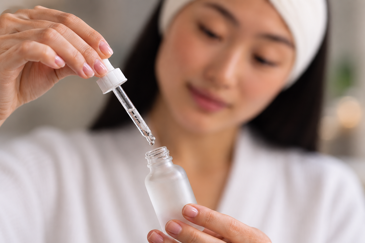 Woman wearing a white headband holding a serum dropper above a frosted glass bottle during her skincare routine.