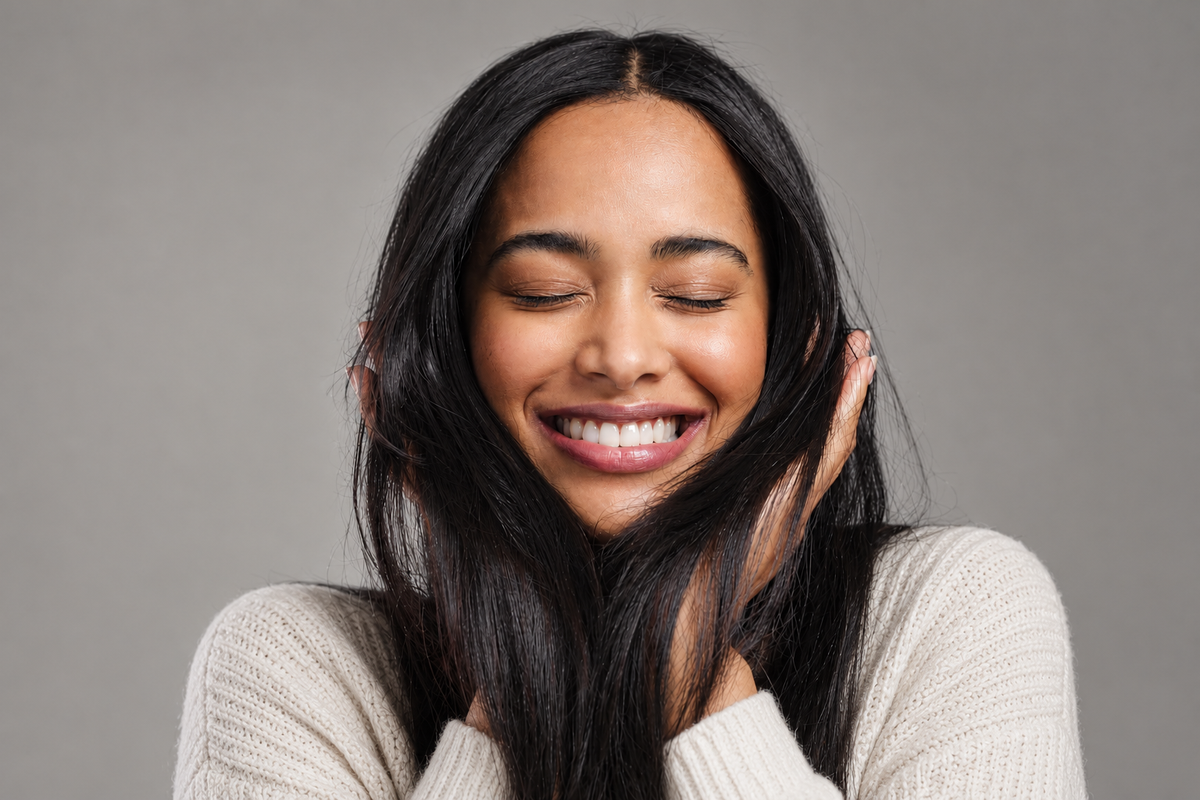Smiling woman with long, straight black hair holding her hair against her cheeks against a grey background.