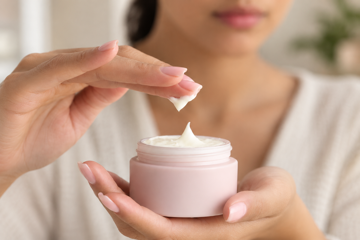 Woman scooping white moisturising cream from an open pink jar with her fingertips.
