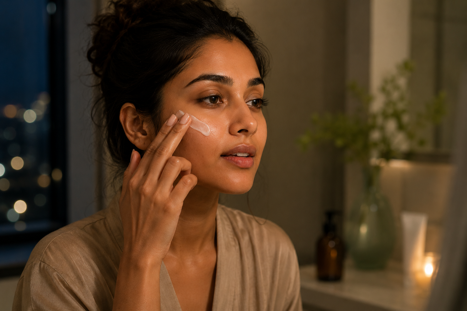 Woman applying retinol night cream to her face as part of an evening skincare routine