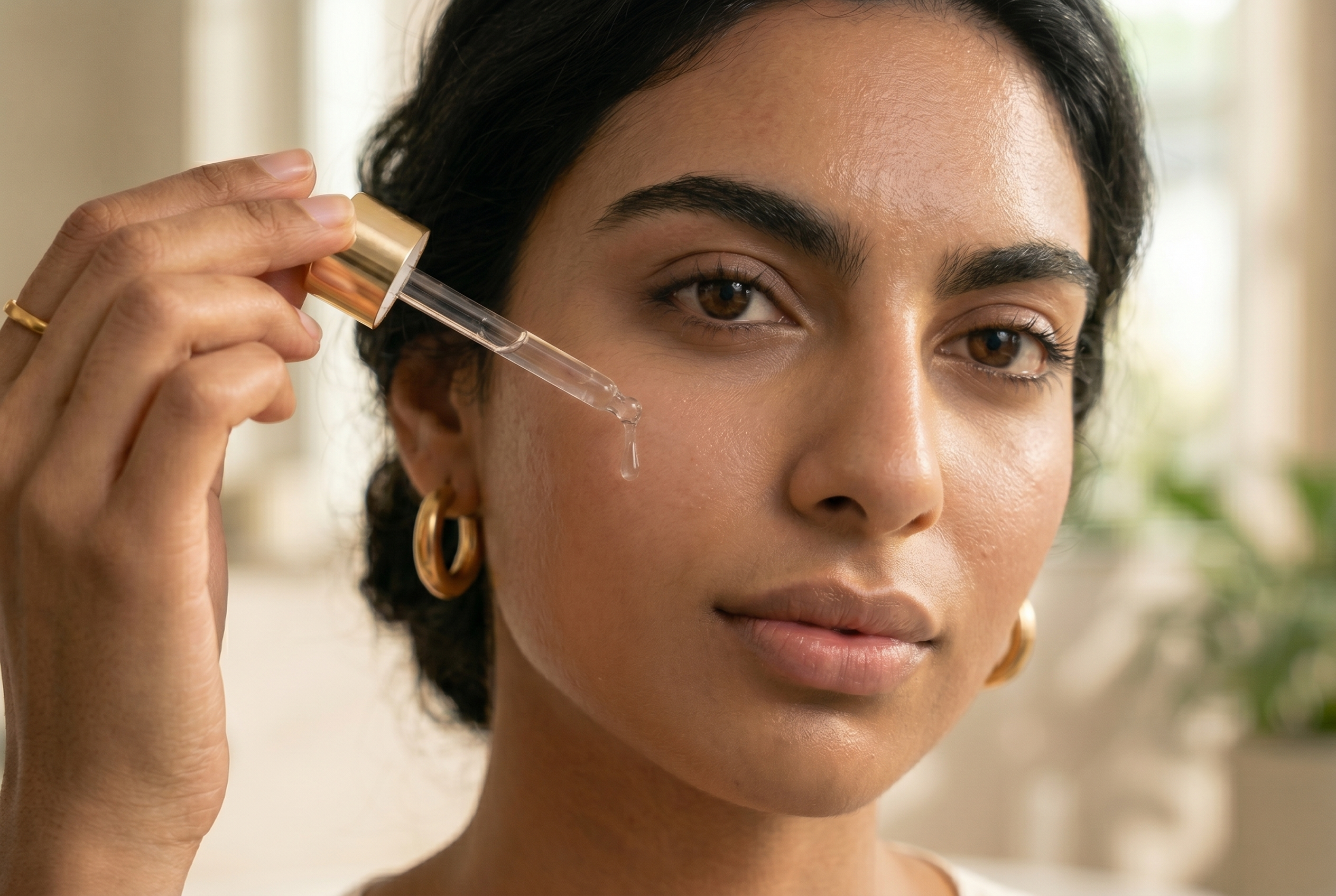 Niacinamide serum bottle with dropper on a clean skincare flat lay background