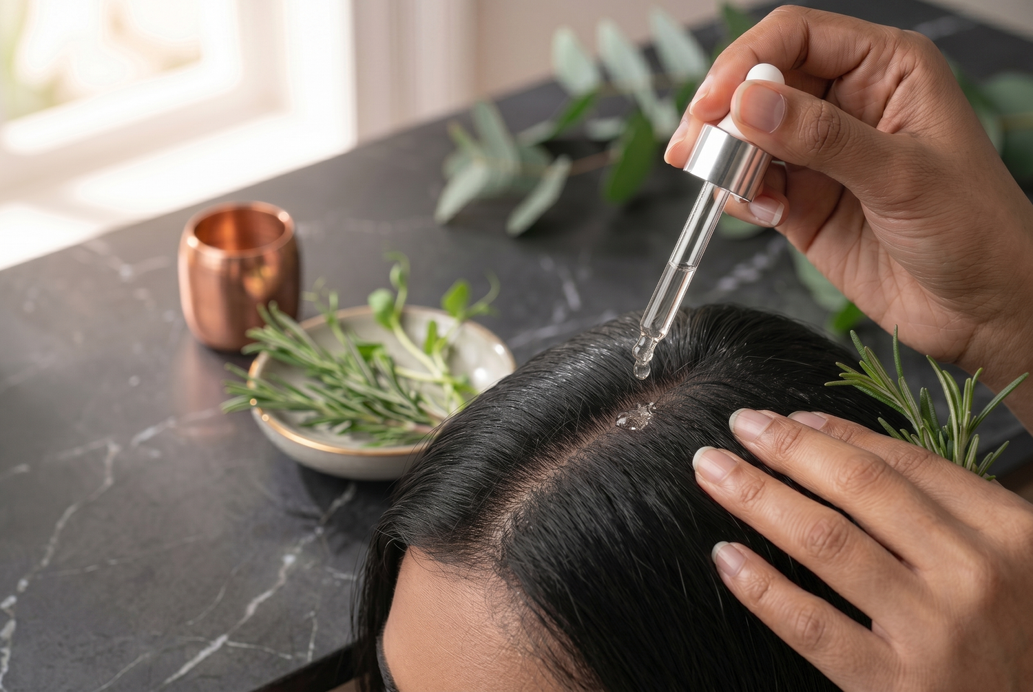 Person applying hair growth serum directly to the scalp using fingertips — the correct technique for maximum absorption
